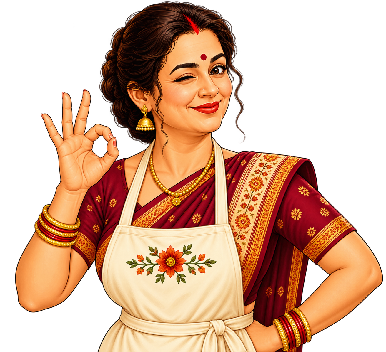Bhabhi — the face of Bhabhi Ke Masale — winking and giving an approving OK-hand gesture