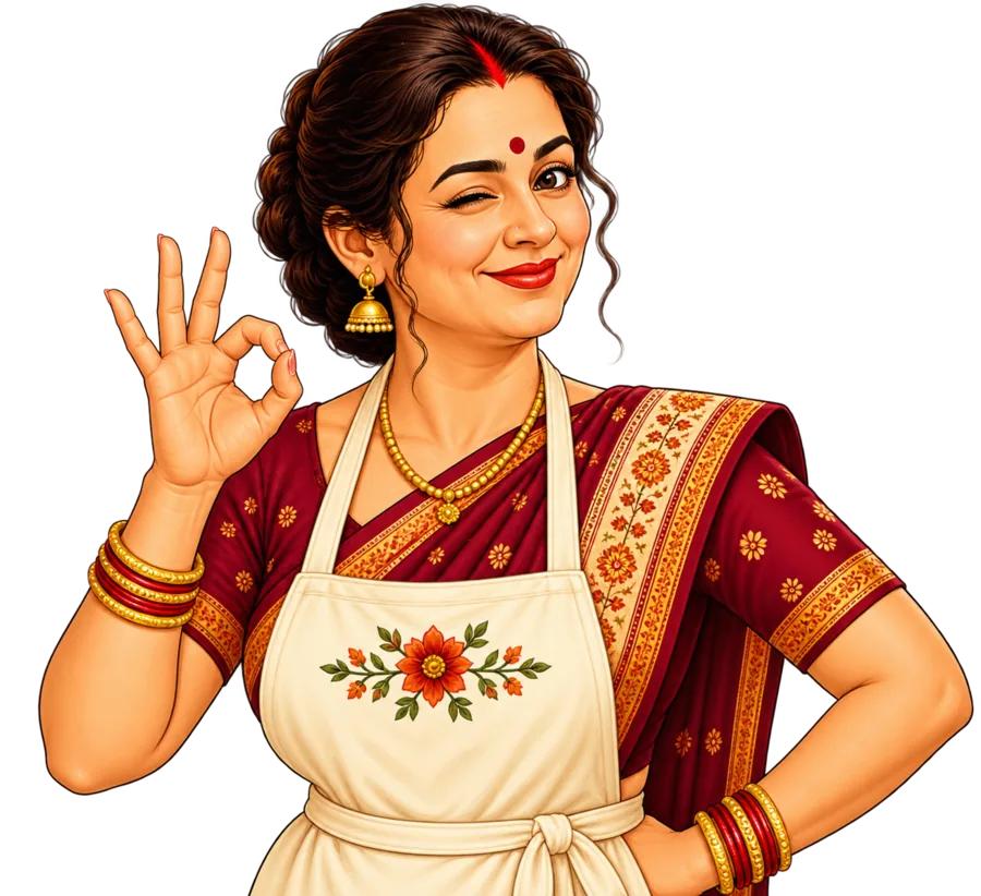 Bhabhi — the face of Bhabhi Ke Masale — winking and giving an approving OK-hand gesture
