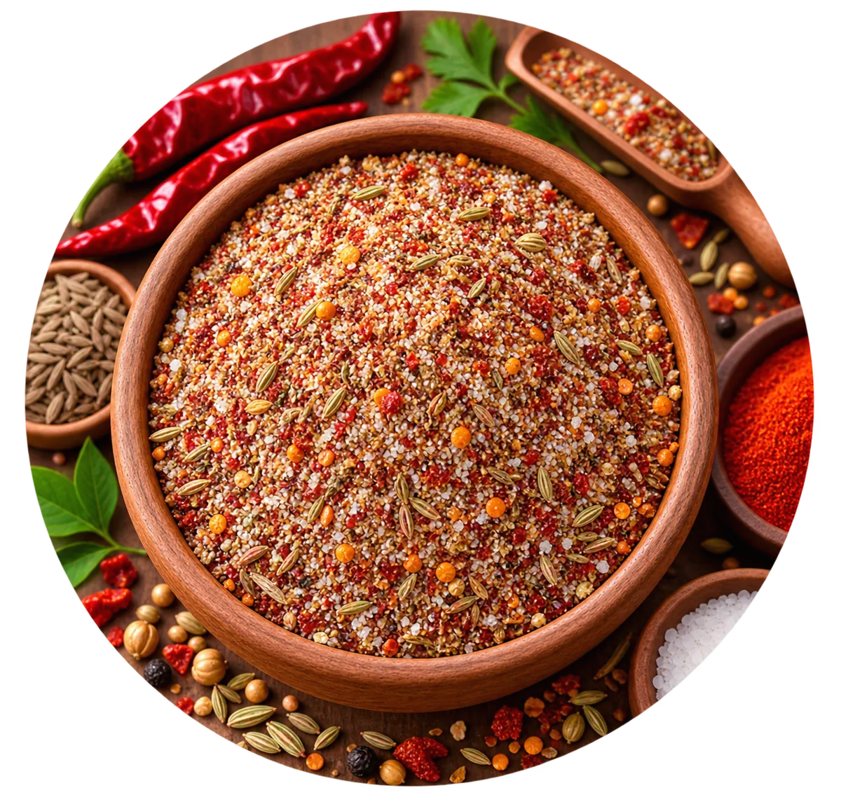 Bhabhi Ka Mix Masala — a bowl of the signature homemade blend surrounded by whole spices, red chillies, cumin and rock salt